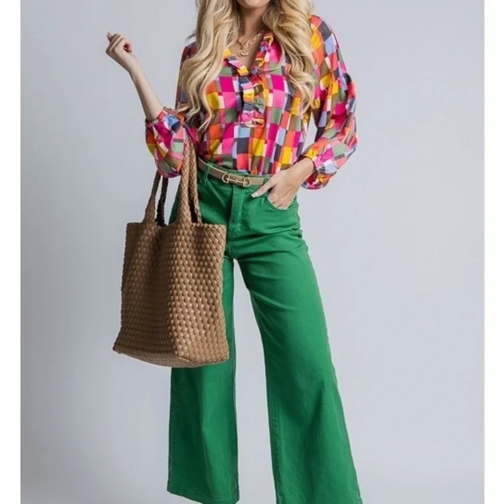 Michelle McDowell Ruffle Neck Blouse Women S‎ Multicolor NEW Patchwork Geometric